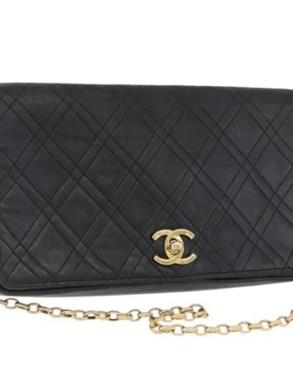 CHANEL Matelasse Chain Shoulder Bag Lamb Skin Black Gold CC Auth bs34016